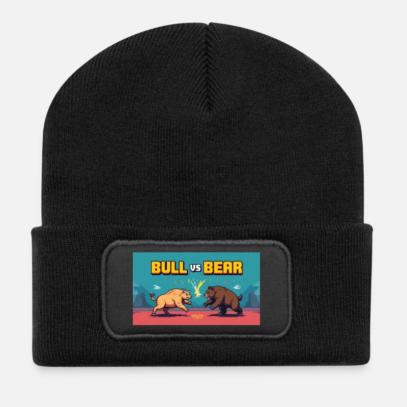 Pixel Art Kampf Stier gegen Bär - Recycelte Patch Beanie - Schwarz