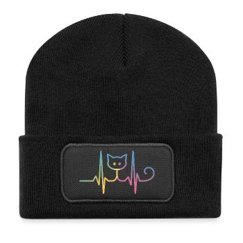Katze EKG Herzschlag Regenbogen Motiv - Recycelte Patch Beanie - Schwarz - Vorne