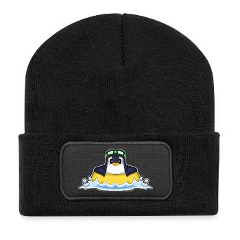 Pinguin Schwimmen Schwimmring Sommer - Recycelte Patch Beanie - Schwarz - Vorne