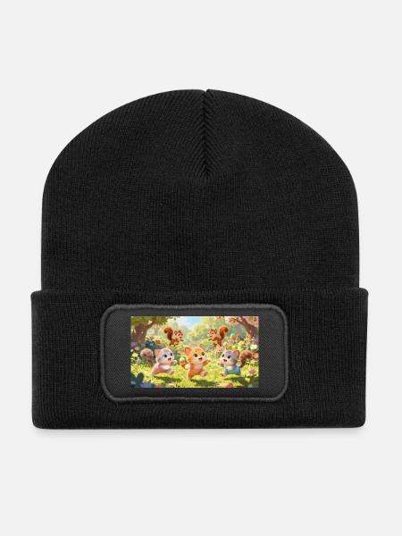 Cartoon kittens and squirrels romping in the garden - Recycled Patch Beanie - black