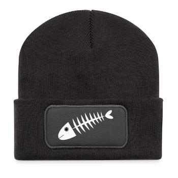 Fisch weiß Fischgräte Geschenk Angler - Recycelte Patch Beanie - Dunkelgrau - Vorne