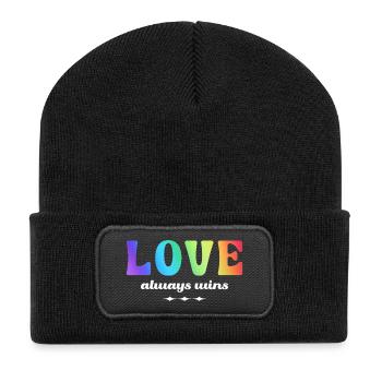 LGBTQ+ Love Always Wins Regenbogen Farben - Recycelte Patch Beanie - Schwarz - Vorne