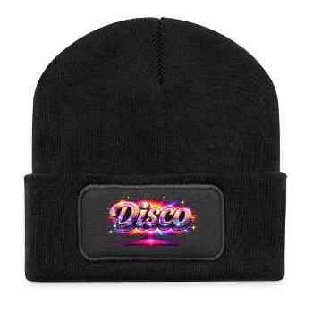 Disco Schriftzug Neon 80er Stil  - Recycelte Patch Beanie - Schwarz - Vorne