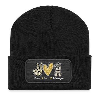 Peace Love Schnauzer Positiver Hundeliebhaber - Recycelte Patch Beanie - Schwarz - Vorne