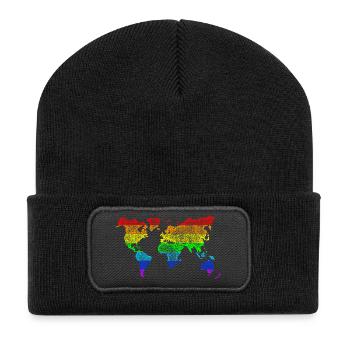 Weltkarte Dots Worldmap World Rainbow - Recycelte Patch Beanie - Schwarz - Vorne