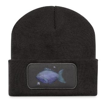 Azurblauer Korallenfisch in violetten Schuppen - Recycelte Patch Beanie - Dunkelgrau - Vorne