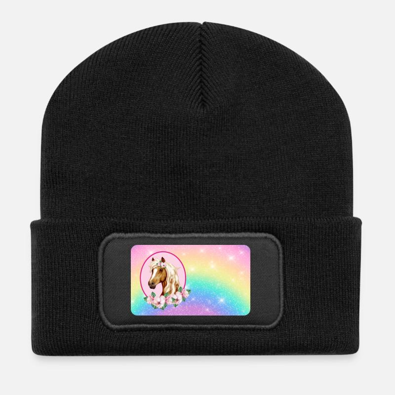Pferd mit Blumen und Glitter Regenbogen  - Recycelte Patch Beanie - Schwarz