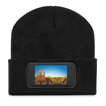 Erdmännchen Familie | personalisierbar - Recycelte Patch Beanie - Schwarz - Vorne