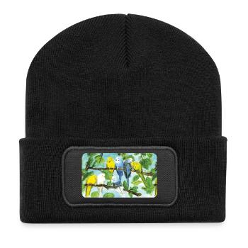 Budgies on a tree - pastel chalk - Recycled Patch Beanie - black - Front