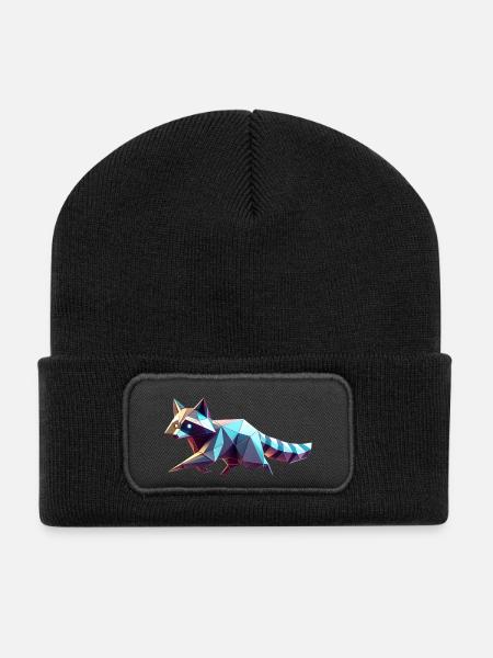 Geometrischer 3D-Origami-Waschbär - Recycelte Patch Beanie - Schwarz