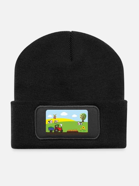 Traktor vom Bauernhof - Kühe Felder Windmühle - Recycelte Patch Beanie - Schwarz