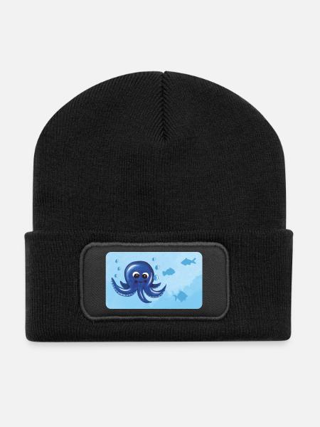 Lustiger Oktopus und Fische mit Luftblasen - Recycelte Patch Beanie - Schwarz