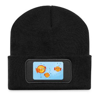 Pisces - Funny Orange Puffer Fish with Air Bubbles - Recycled Patch Beanie - black - Front