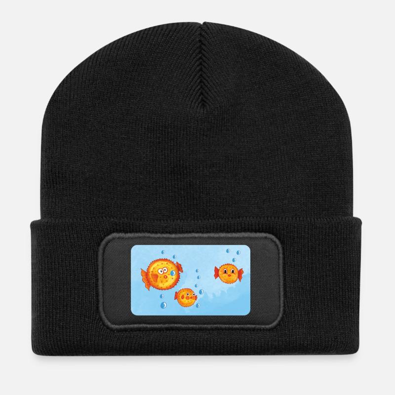 Fische - Lustige orange Kugelfische mit Luftblasen - Recycelte Patch Beanie - Schwarz
