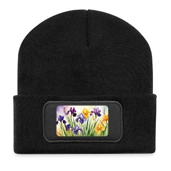 Romantische Schwertlilien - Aquarellfarben  - Recycelte Patch Beanie - Schwarz - Vorne