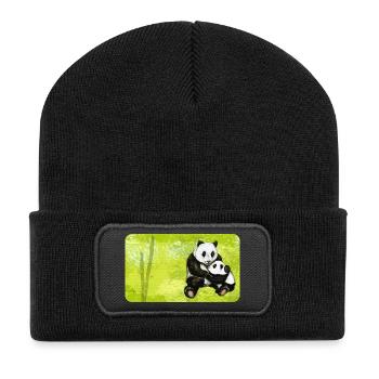 Mama Panda Bear with Baby Panda - Recycled Patch Beanie - black - Front