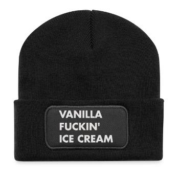Vanille Eis - beiger Schriftzug - Recycelte Patch Beanie - Schwarz - Vorne