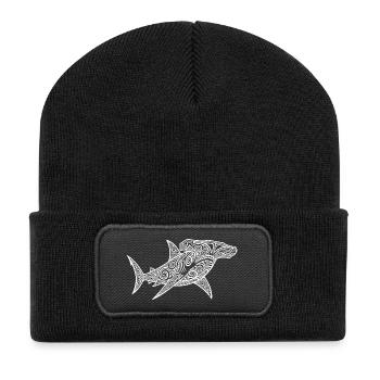Hammerhai Tribal Maori Muster Ozean Geschenk - Recycelte Patch Beanie - Schwarz - Vorne