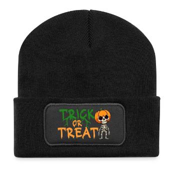 Halloween Trick or Treat Skelett Kürbis Grusel  - Recycelte Patch Beanie - Schwarz - Vorne