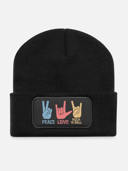 Peace Love Rock 'N Roll Music Guitar Rock Band - Recycelte Patch Beanie - Schwarz