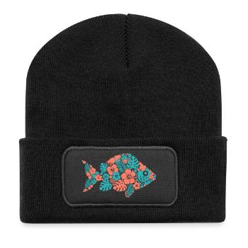 Tropischer Blumenfisch Silhouette - Recycelte Patch Beanie - Schwarz - Vorne