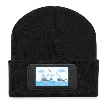 Baleines dans la mer bleue - Aquarelles peintes à la main - Beanie recyclé à patch - noir - Devant