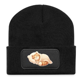 Katze Schlafen - Recycelte Patch Beanie - Schwarz - Vorne