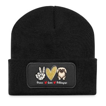 Peace Love Pekingese – Peke Dog Mama Papa Schoßhund - Recycelte Patch Beanie - Schwarz - Vorne