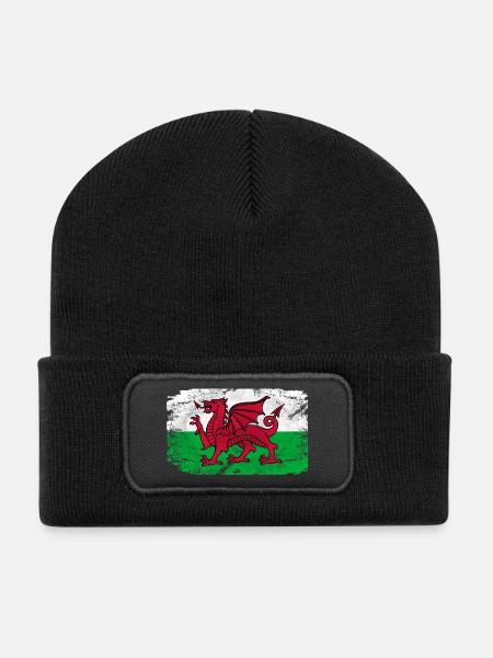 Wales Flag - Vintage Look - Recycelte Patch Beanie - Schwarz