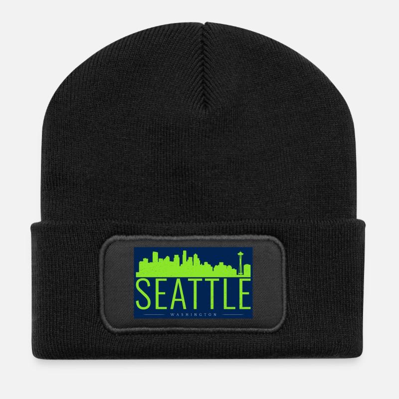 Seattle Skyline Leuchtgrün Silhouette - Recycelte Patch Beanie - Schwarz