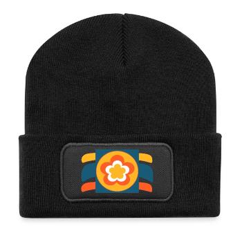 70er Jahre Blume Muster Retro Hippie Festival - Recycelte Patch Beanie - Schwarz - Vorne