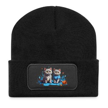 Katzenfreunde in Blauer Pfütze - Recycelte Patch Beanie - Schwarz - Vorne