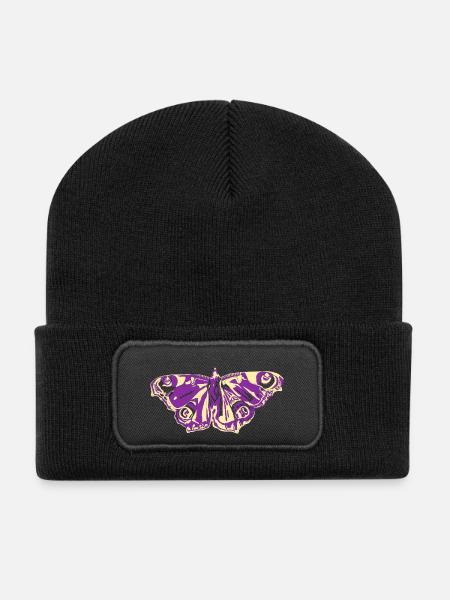 Lila-Gelber Schmetterling - Recycelte Patch Beanie - Schwarz