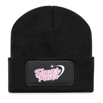 Flower Power - Retro-Schrift in rosa mit Stern - Recycelte Patch Beanie - Schwarz - Vorne