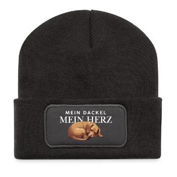 Mein_Dackel_Mein_Herz_blond - Recycelte Patch Beanie - Dunkelgrau - Vorne