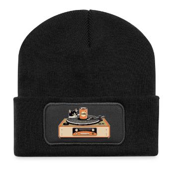 Retro Katze am Plattenspieler - Recycelte Patch Beanie - Schwarz - Vorne