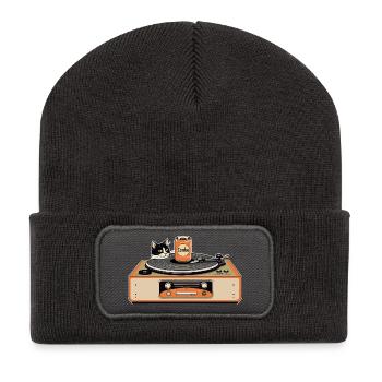 Retro Katze am Plattenspieler - Recycelte Patch Beanie - Dunkelgrau - Vorne