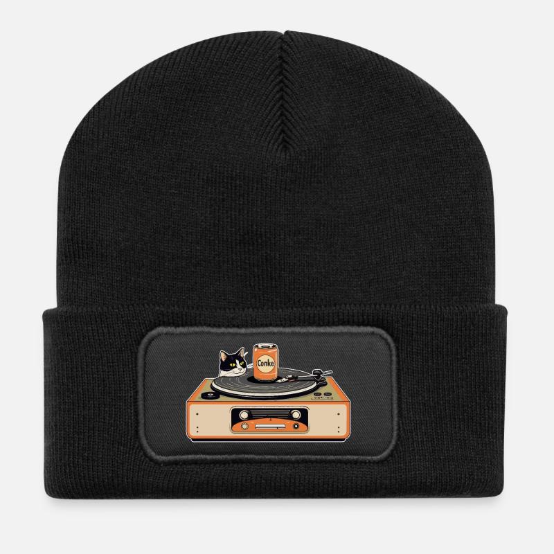 Chat rétro à la platine - Beanie recyclé à patch - noir