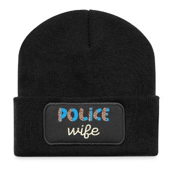 Polizei Frau Leopardenmuster - Recycelte Patch Beanie - Schwarz - Vorne