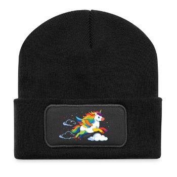 Fliegendes Regenbogen Einhorn – Magisches Motiv - Recycelte Patch Beanie - Schwarz - Vorne