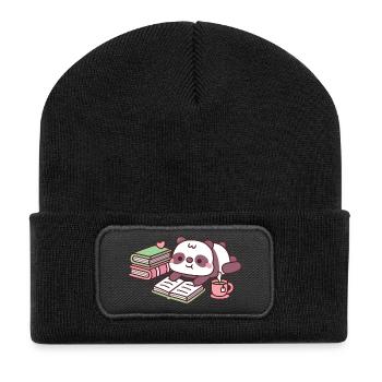 Cute Panda Bear Chilling With Books And Tea - Recycled Patch Beanie - black - Front