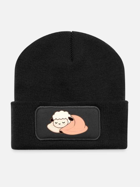 Sleeping Sheep with Pillow – gentle, calm - Recycled Patch Beanie - black