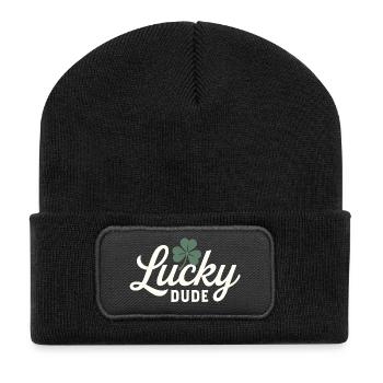 Glücklicher Typ mit Vierblattklee - Recycelte Patch Beanie - Schwarz - Vorne