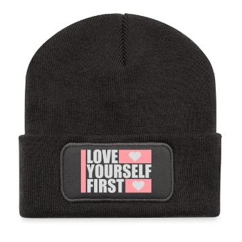 Love Yourself First Selbstliebe Selbstfürsorge - Recycelte Patch Beanie - Dunkelgrau - Vorne