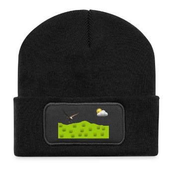 Adler über grüne Landschaft - Recycelte Patch Beanie - Schwarz - Vorne
