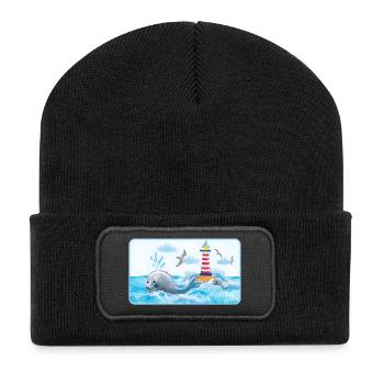 La baleine drôle au phare - Peint à la main - Beanie recyclé à patch - noir - Devant