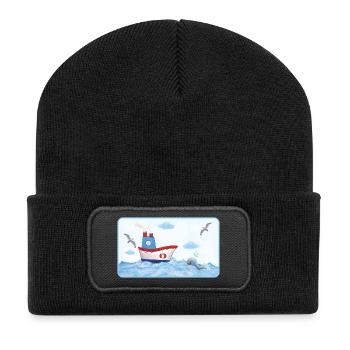 Petit bateau côtier au bord de la mer avec une baleine - Beanie recyclé à patch - noir - Devant