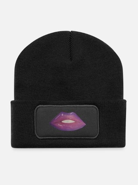 Lila Lippen Zeichnung - Glamour Pop Art - Recycelte Patch Beanie - Schwarz