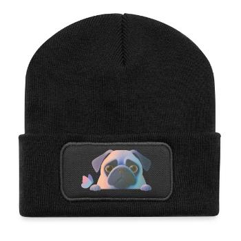 Mops mit Schmetterling - Recycelte Patch Beanie - Schwarz - Vorne