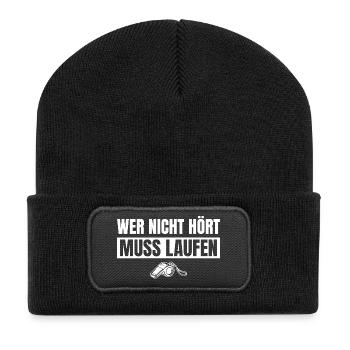 Fußballtrainer Wer nicht hört muss laufen - Recycelte Patch Beanie - Schwarz - Vorne